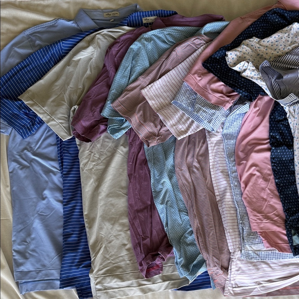 Lot of 14 Peter Millar size XXL Polos in various patterns and colors